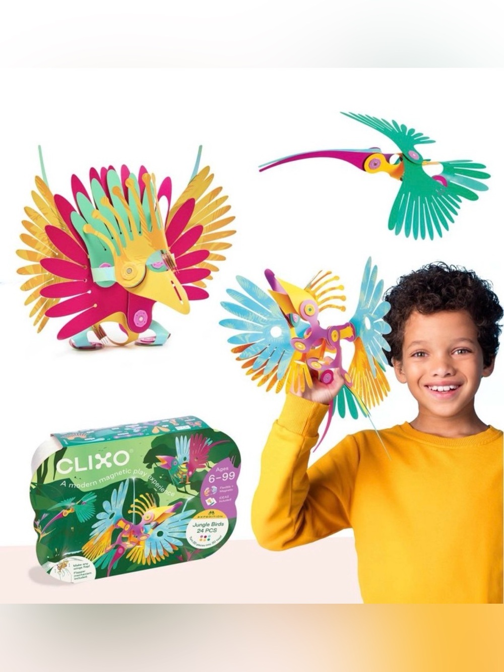 Clixo Jungle Birds Magnetic Building Set: Wing-Flapping Birds 24pc for Ages 6+